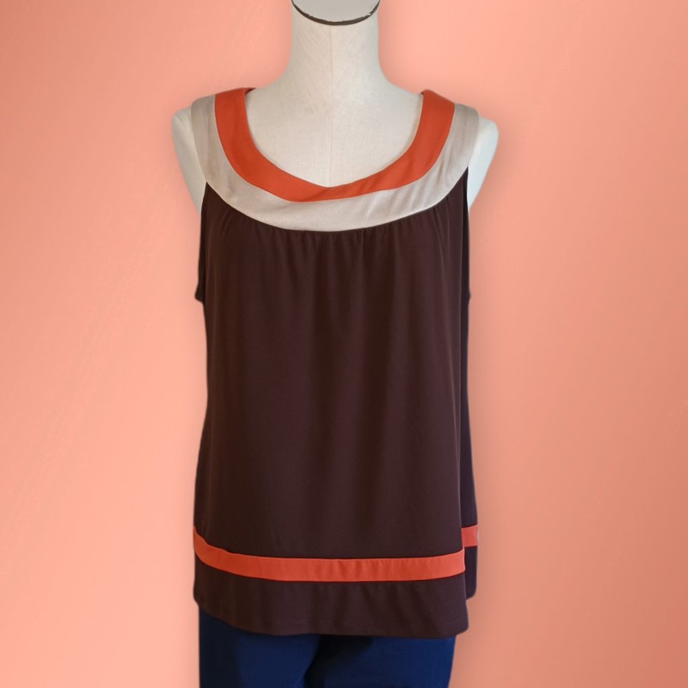 BRANNAN • XL women's MCM style sleeveless top brown orange gold shimmer retro